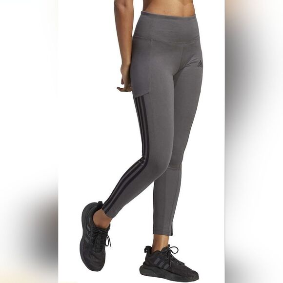 ADIDAS Women's High Rise 3-stripe 7/8 Cotton Tights HM2603 Grey Leggings Size S - Picture 2 of 13
